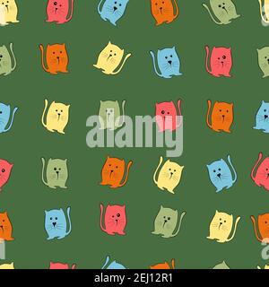 Multicolored cartoon cats on a green background. Seamless pattern Stock Vector