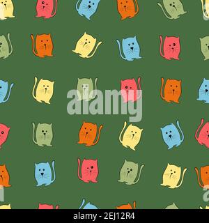 Multicolored cartoon cats on a green background. Seamless pattern Stock Vector