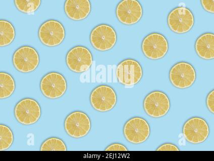 Seamless pattern of lemon slices with shadows on a blue background Stock Photo
