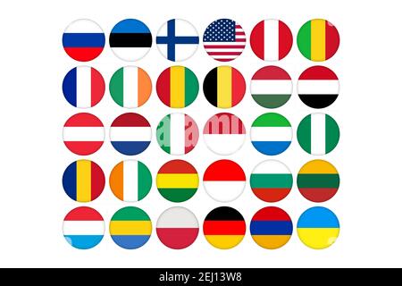 World circular flags collection. Big set. 30 high quality clean round icons, badge or button. Correct color scheme. National symbol. Template design Stock Vector