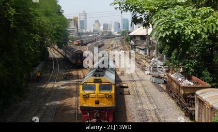 BANGKOK, THAILAND - 11 JULY, 2019: View of the train station against the backdrop of the cityscape and skyscrapers. Hua Lamphong is the hub of public Stock Photo