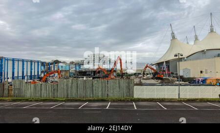 Demolition of the old swimming pool, which opened in 1987, taking place at Butlins in Bognor Regis, West Sussex, UK. Stock Photo