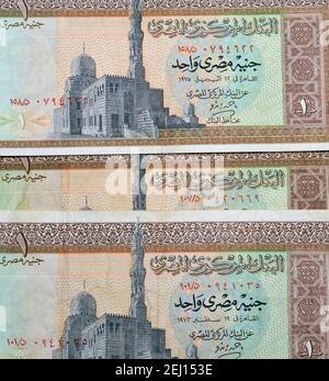 collection of Egyptian one pound banknote of the year 1973 and the year 1975, old paper Egyptian banknotes. old Egyptian money. Stock Photo