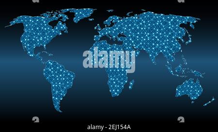 World map with triangular mesh and glowing dots Stock Vector
