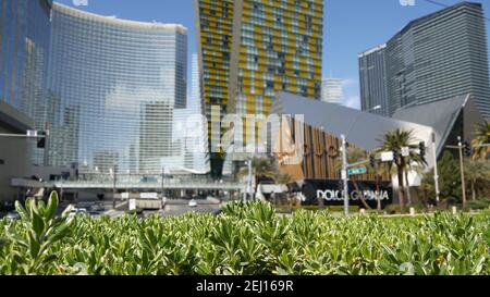 LAS VEGAS, NEVADA USA - 7 MAR 2020: Futuristic CityCenter casinos in sin city. Modern luxury unincorporated urban skyline. Contemporary metropolis hig Stock Photo