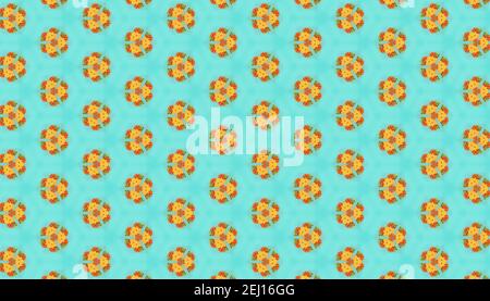 Yellow and orange circular repeating patterns on a blue background - suitable as a wallpaper Stock Photo