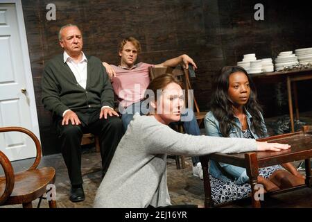 l-r, front: Ruth Gemmell (Ruth), Mimi Ndiweni (Sandra)  rear: John Bowe (David), Robert Boulter (Tommy) in I CAN HEAR YOU by E.V. Crow at the Royal Shakespeare Company (RSC), The Other Place at the Courtyard Theatre, Stratford-upon-Avon, England  21/06/2014  part of the MIDSUMMER MISCHIEF FESTIVAL 2014 - programme B  design: Max Dorey   lighting: Robin Griggs   director: Jo McInnes Stock Photo