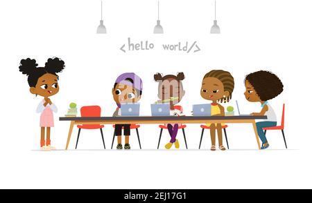 Happy African American children sitting at laptops and learning programming during school lesson. Coding for kids concept. Vector illustration for Stock Vector