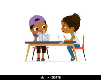 Happy African American children sitting at laptops and learning programming during school lesson. Coding for kids concept. Vector illustration for Stock Vector