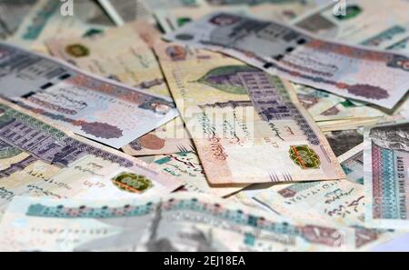 selective focus of Egyptian money background , 200 LE, 100 LE, 50 LE Egyptian banknote,. Egypt currency, Egyptian pounds cash Stock Photo