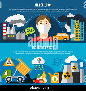 Pollution problem horizontal banners set with air pollution and waste symbols flat isolated vector illustration Stock Vector
