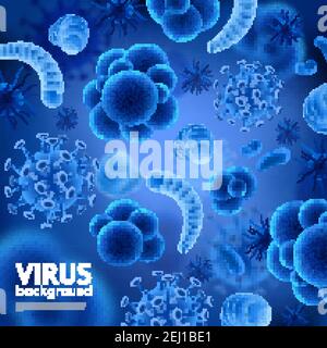 Realistic microscopic viruses of various shape on blue blurred background seamless pattern 3d vector illustration Stock Vector