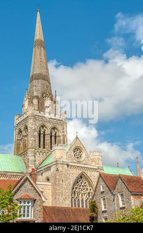 Chichester Cathedral seen from Bishops Palace Garden in spring, West Sussex, England, UK Stock Photo