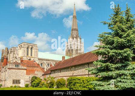 Chichester Cathedral seen from Bishops Palace Garden in spring, West Sussex, England, UK Stock Photo