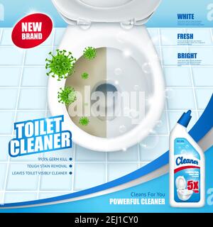 Antibacterial toilet cleaner ad poster including lavatory pan with green microbes and soap bubbles 3d vector illustration Stock Vector