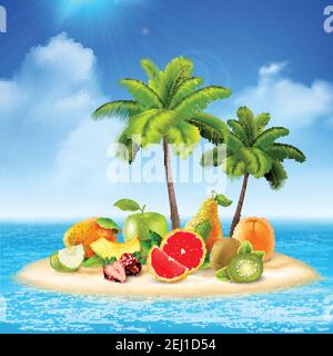 Fresh fruit conceptual background with composition of tropical island with palms and fruit slices on sands vector illustration Stock Vector