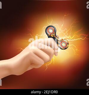 Fidget finger spinner device in hand with fiery lighting effects and soft glowing background realistic vector illustration Stock Vector