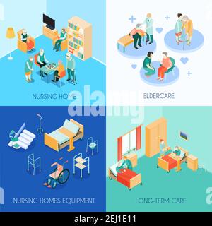 Nursing home eldercare concept 4 isometric icons square with long-term care unit activities isolated vector illustration Stock Vector