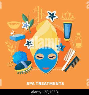 Spa resort popular treatments flat poster with facial masks body massage and hot spring water baths vector illustration Stock Vector