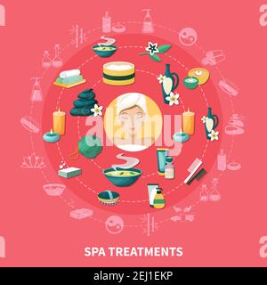 Spa wellness resort treatments and services symbols circle composition with aromatherapy stone massage medicinal baths flat vector illustration Stock Vector