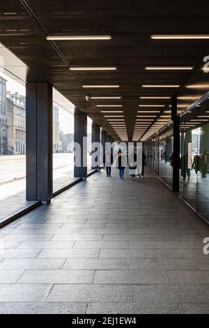 Wroclaw February 8 2020 Long tunnel with stripe lamps at ceiling Stock Photo