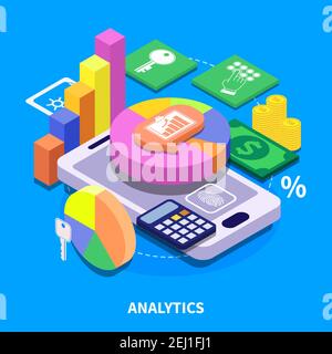 Analytics concept with colorful 3d diagrams presenting financial security data isometric vector illustration Stock Vector