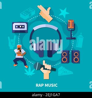 Rap music round composition with gestures of rapper, headphones, microphones, loudspeakers on turquoise background flat vector illustration Stock Vector