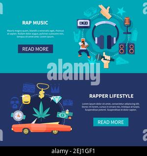 Set of horizontal banners including flat round compositions with rap music and rapper lifestyle isolated vector illustration Stock Vector