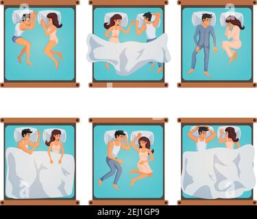 Six pairs of men and women on double bed in different sleeping poses isolated vector illustration Stock Vector