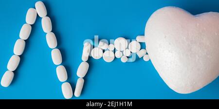 Medicines white, round heart shaped pills isolated on blue background. Tablets in the form of a line of a heart rhythm on a pastel blue background. Ca