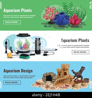 Set of horizontal banners with aquarium plants and design elements including artificial caves, seashells isolated vector illustration Stock Vector