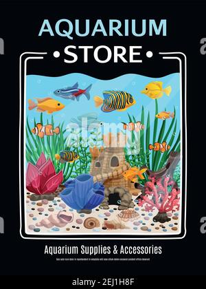 Aquarium supplies and accessories cartoon poster with colorful picture of underwater life vector illustration Stock Vector