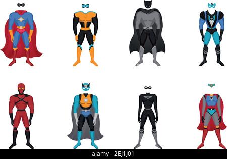 Set of male and female colorful costumes for superhero with cloak and mask isolated vector illustration Stock Vector