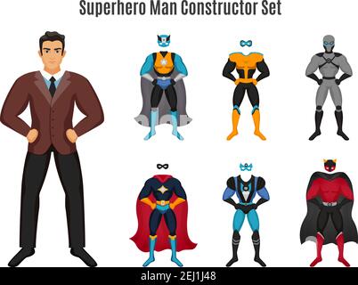 Superhero constructor set with man in business suit and protector costumes including mask, cloak isolated vector illustration Stock Vector