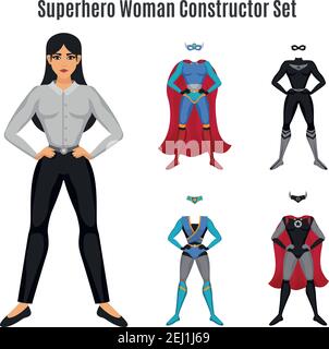 Superhero constructor set with woman in confident pose with serious face and colorful costumes isolated vector illustration Stock Vector