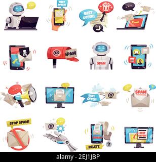 Mail spam bot icons set of robot gadget envelope malware best offer ad isolated cartoon vector illustration Stock Vector