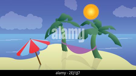 Illustration of a beach and palm trees next to parasols on a sunny day Stock Photo