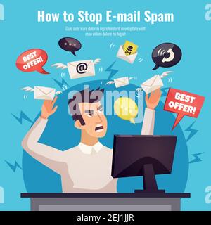 Stop spam ad poster with winged envelopes around angry human with computer on blue background vector illustration Stock Vector