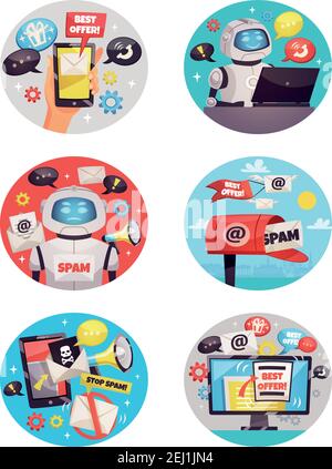 Six round isolated spam bot icons with email envelope skull inbox symbols and best offer information cartoon vector illustration Stock Vector