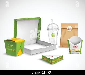 Fast food packaging corporate identity realistic templates samples set with vibrant green-white  pizza box vector illustration Stock Vector