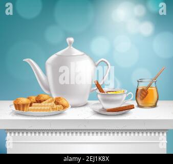 White porcelain teapot full hot teacup glass honey jar and plate muffins waffels realistic composition vector illustration Stock Vector