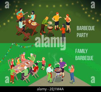Family picnic horizontal isometric banners with people at table, food and drink, grill equipment isolated vector illustration Stock Vector