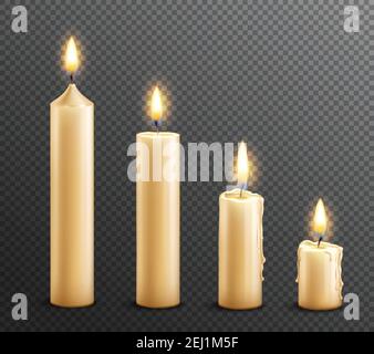 Burning wax candles realistic set of 4 arranged from tall to law on dark transparent background vector illustration Stock Vector