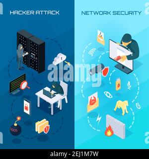 Set of vertical isometric banners with hacker attack and network security on blue background isolated vector illustration Stock Vector