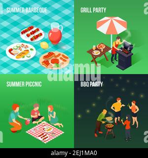 Family picnic isometric concept with eating on grass, bbq party, chef ...