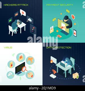 Hacker activity isometric design concept with virus attacks, data protection, payment security isolated vector illustration Stock Vector