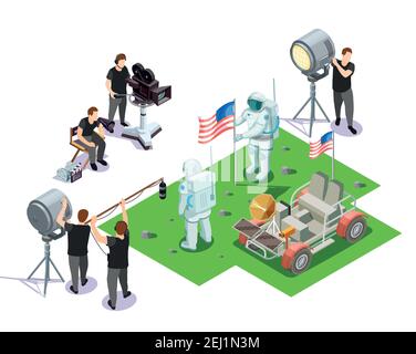 Isometric composition with movie operators shooting scene with american astronauts on white background 3d vector illustration Stock Vector