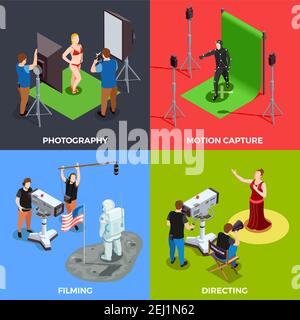 Isometric cinematograph 2x2 design concept with working process of photographer operator director and actors isolated on colorful backgrounds 3d vecto Stock Vector