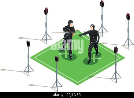 Two actors in black costumes with sword isometric cinematograph composition 3d vector illustration Stock Vector
