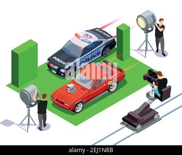 Cinematograph isometric composition with operators shooting red automobile and police car 3d vector illustration Stock Vector